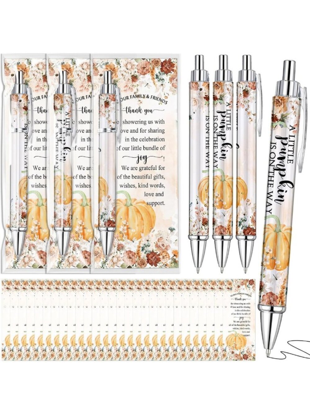 36 Pumpkin Baby Shower Favor Sets with Thank You Cards - Adorable Orange Pens